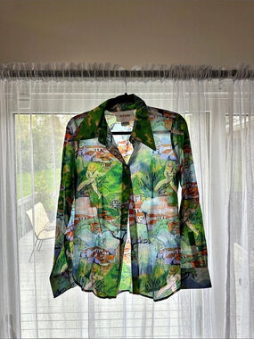deloreta Abstract Button Down Shirt in Green & Multicolor Size Small
